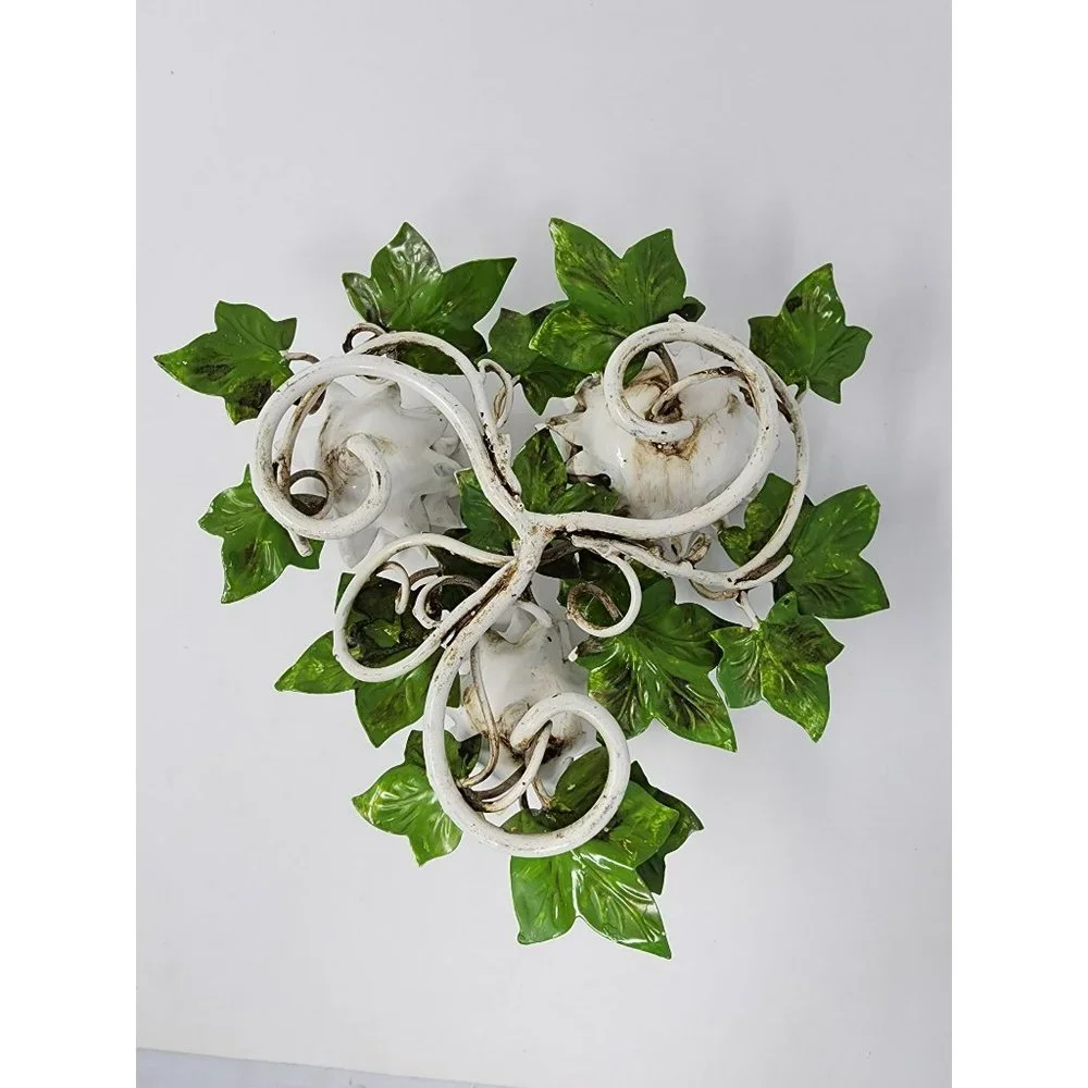 Vintage Painted Metal Flower‎ And Leaves Metal Candle Holder